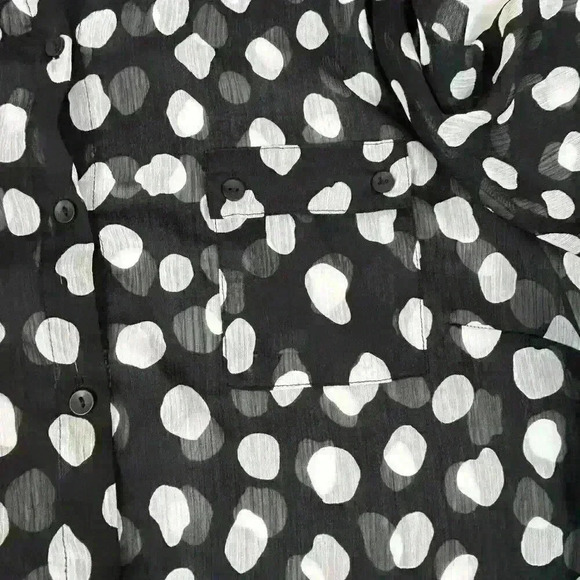 Roz & Ali Womens XL Blouse Black White Polka Dots Sheer Tie Bottom Lightweight - Picture 8 of 13